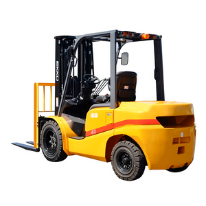 Yellow EKKO 4-wheel diesel forklift on white studio background, three-quarter front view with mast forward and forks visible at left