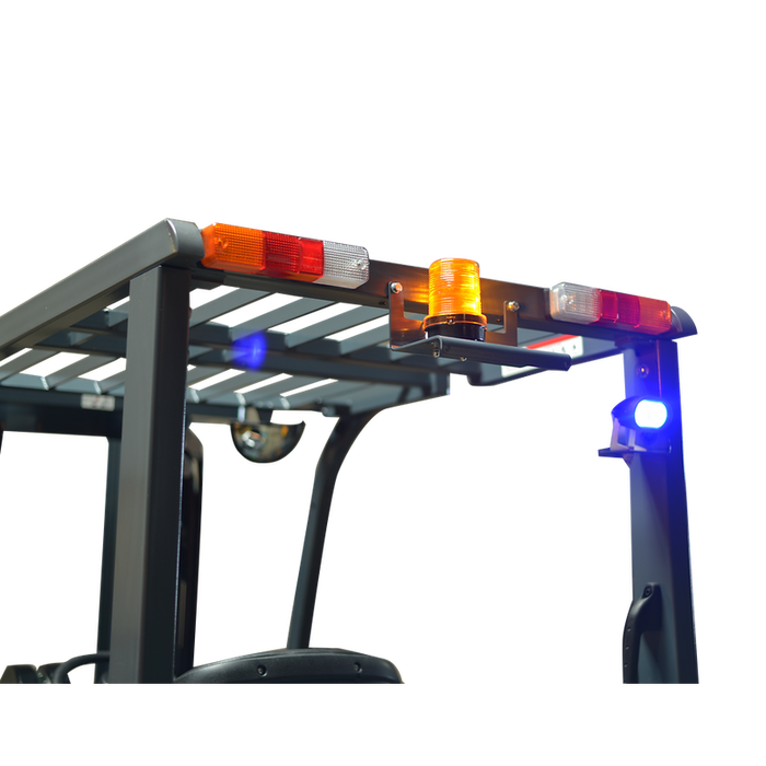Overhead guard with amber rear lights, center yellow rotating beacon, and blue LED spotlights on the front guard legs