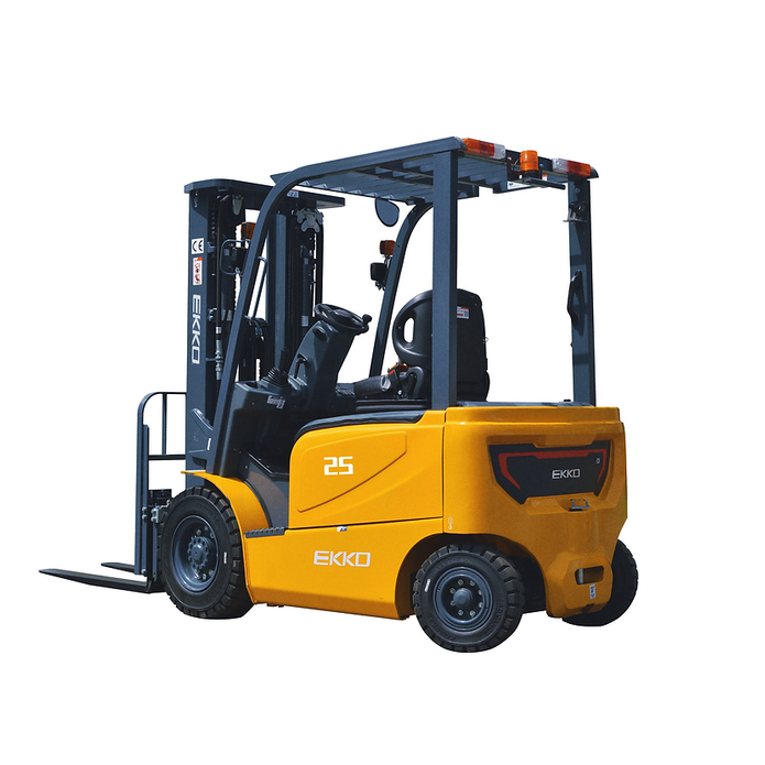 EKKO EK25GB yellow 4-wheel electric forklift, front three-quarter view with forks lowered