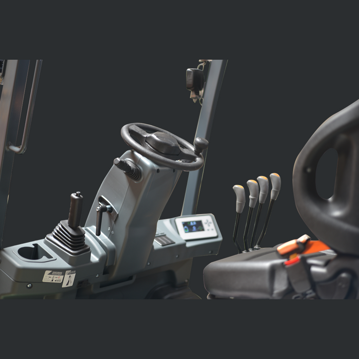 EK25GB operator station with steering wheel, palm-grip spinner, digital display, and four orange-tipped hydraulic levers