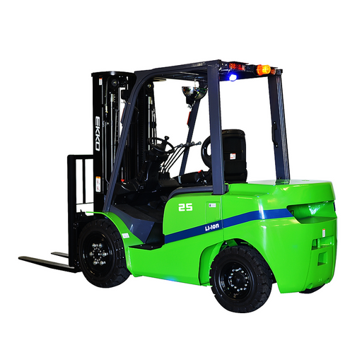 EKKO EK25GT-Li green 4-wheel lithium forklift, front three-quarter view with forks lowered and Li-ION decal on counterweight