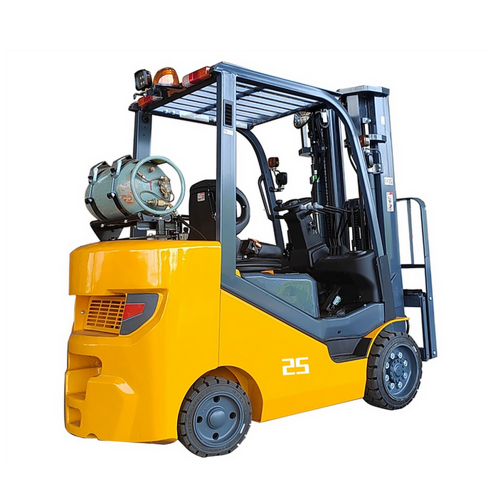 EKKO EK25SLP cushion-tire LPG forklift, rear three-quarter view with horizontally mounted propane tank and "25" counterweight decal
