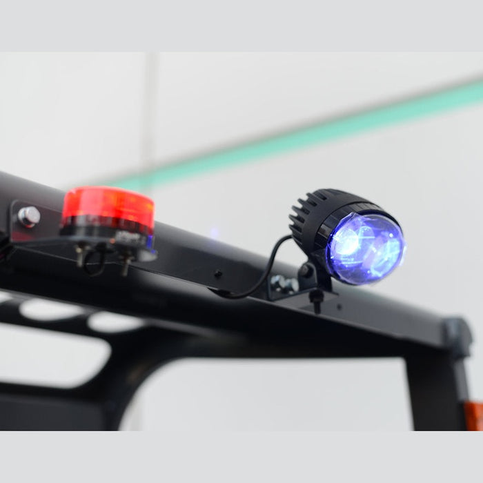 Overhead guard with red rotating beacon and blue LED spotlight