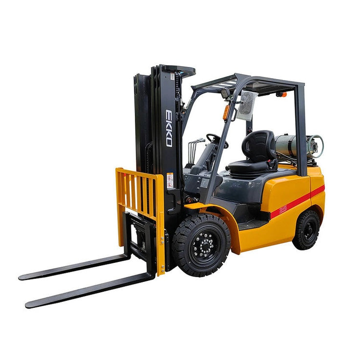 EKKO EK25TLP yellow LPG forklift, front three-quarter view with forks lowered