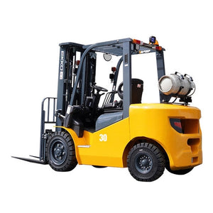EKKO EK30LP yellow LPG forklift, front three-quarter view with forks lowered and propane tank visible