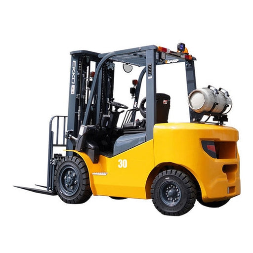 EKKO EK30LP yellow LPG forklift, front three-quarter view with forks lowered and propane tank visible
