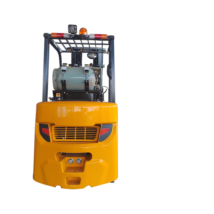 Rear view of the EKKO EK30SLP showing the horizontal propane tank and overhead guard