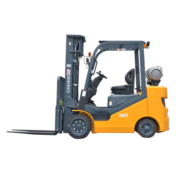 Side profile view of the EKKO EK30SLP cushion-tire forklift