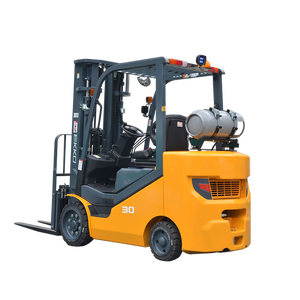 EKKO EK30SLP yellow LPG cushion-tire forklift, front three-quarter view with forks lowered