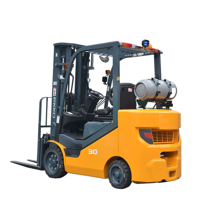 EKKO EK30SLP yellow LPG cushion-tire forklift, front three-quarter view with forks lowered