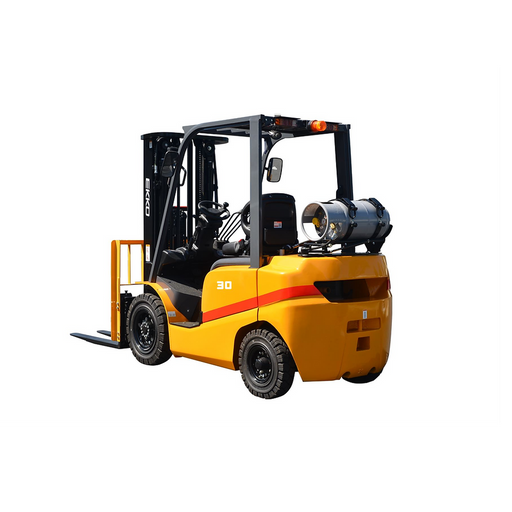 EKKO EK30TLP yellow LPG forklift with rear-mounted propane tank, three-quarter view