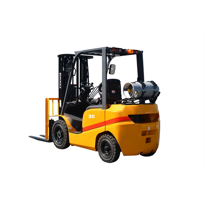 EKKO EK30TLP yellow LPG forklift with rear-mounted propane tank, three-quarter view