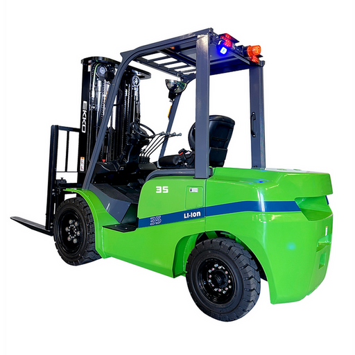 EKKO EK35GT-Li 4-wheel lithium-battery forklift, three-quarter front view, green chassis with 'Li-ion' badge and exposed forks