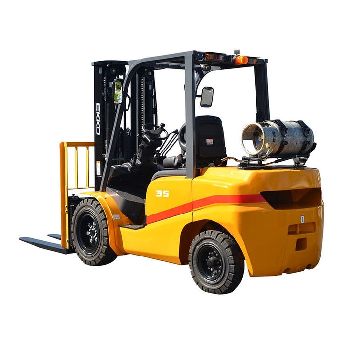 EKKO EK35TLP 7,000 lb LPG forklift, three-quarter front view, yellow chassis with propane tank mounted behind operator station