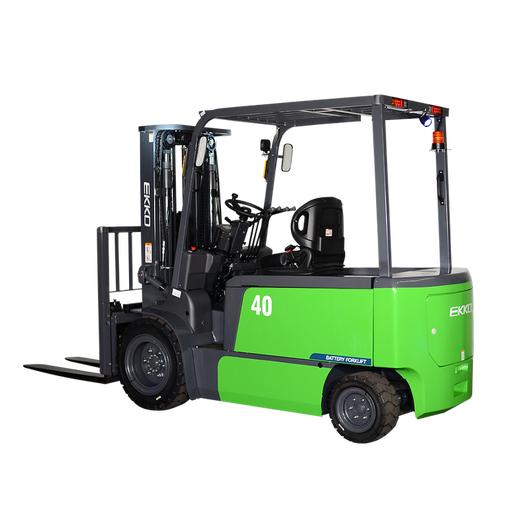 EKKO EK40T-Li 4-wheel lithium-battery forklift, three-quarter front view, green chassis with rear chassis cowl branding and exposed forks