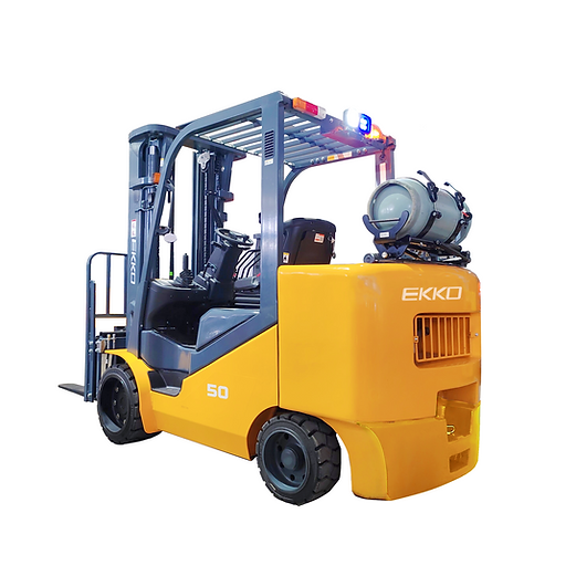 Rear three-quarter view of EKKO EK50LP LPG forklift, "EKKO" branding on chassis, horizontal propane tank, overhead safety beacon mounted on guard top