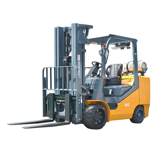 EKKO EK50LP 10,000 lb LPG forklift, side-front view, yellow chassis with propane tank mounted behind operator station