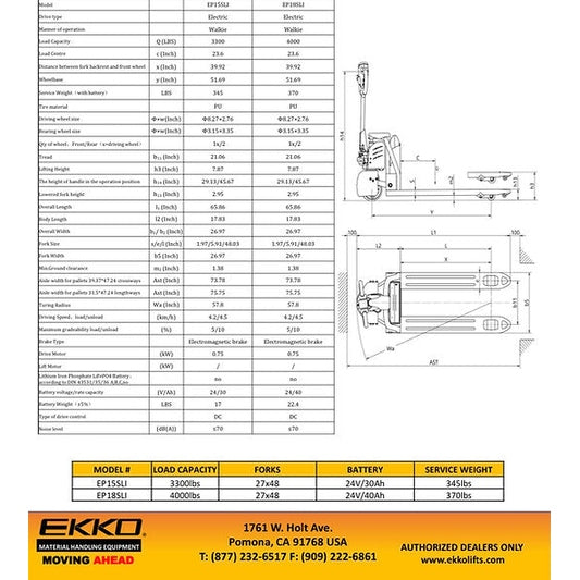 EKKO EP18SLi Semi-Electric Pallet Jack 4000 lb Capacity