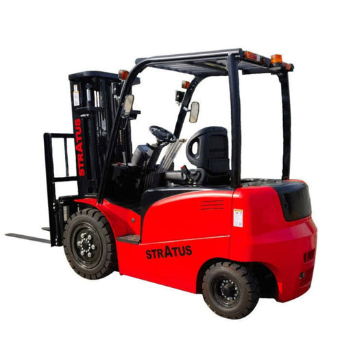 A red and black Stratus forklift with a protective overhead guard and forks extended, shown from a three-quarter angle on a white background.