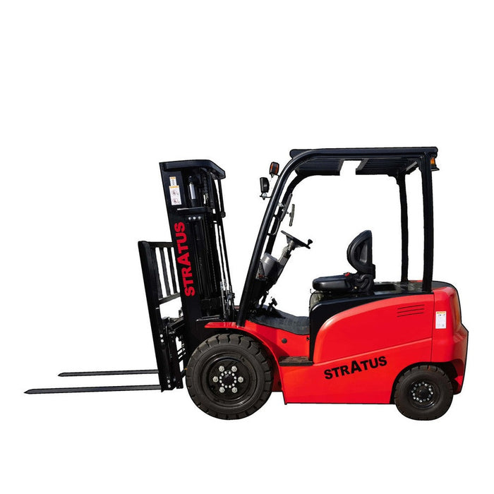 A red and black Stratus forklift shown from the side against a plain white background.