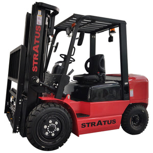 A red and black Stratus forklift with a protective overhead guard and mast branding, shown on a plain white background.