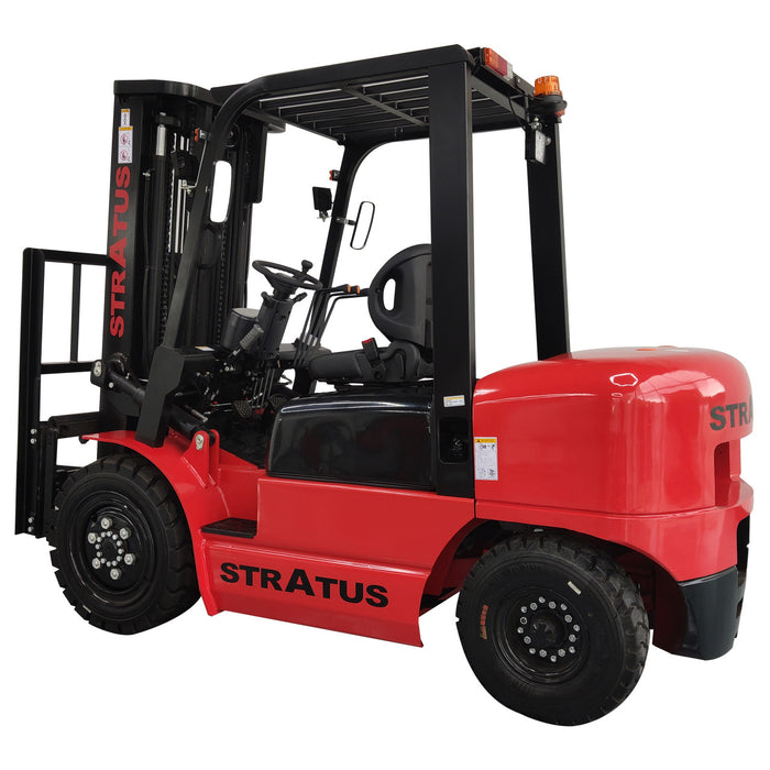 Red Stratus forklift on a white background