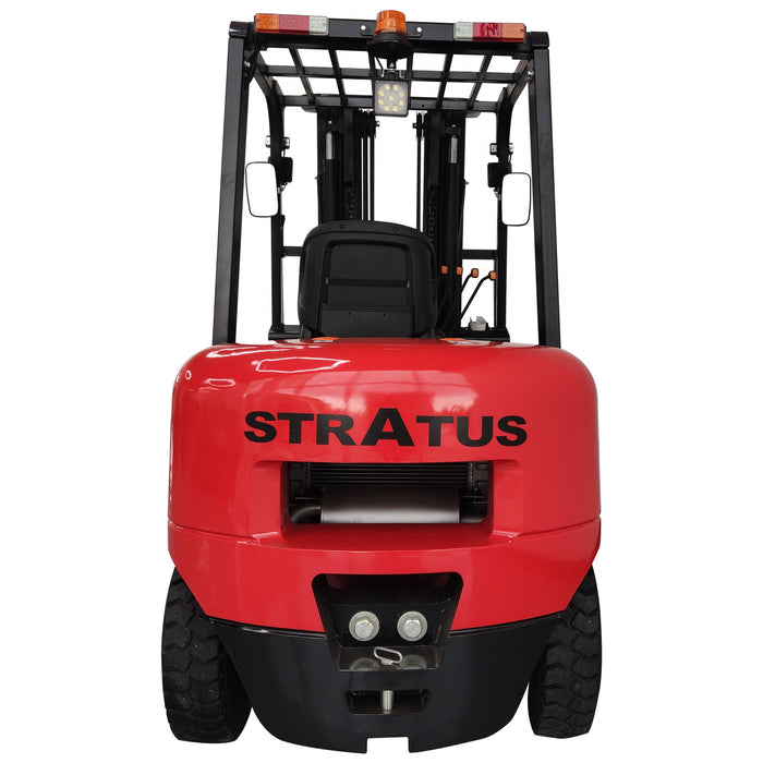 A red and black STRATUS forklift photographed from the front on a plain white background.