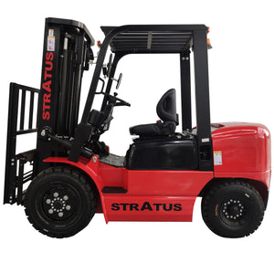 A red and black STRATUS forklift shown in a side profile view against a plain white background.
