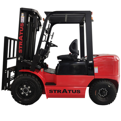 A red and black STRATUS forklift shown in a side profile view against a plain white background.