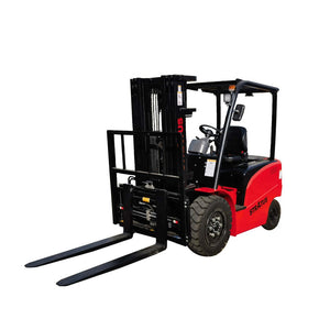 A red and black electric forklift with a protective cab and black forks, shown from a three-quarter angle on a plain white background.